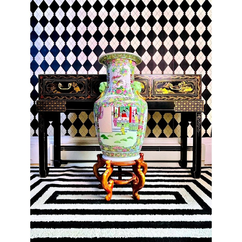 Grand Famille Rose Floor Vase 2FT Vintage w/ Green and Gold Foo Dog Mask Handles - Picture 7 of 12